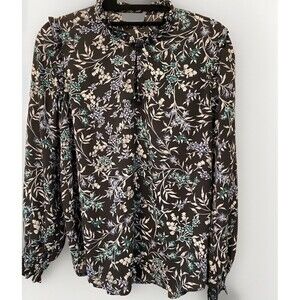 LOFT‎ Blouse Size Small Black Floral Keyhole Neckline Balloon Sleeve Lightweight